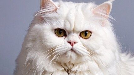 Close-up portrait of a white cat with bright yellow eyes.