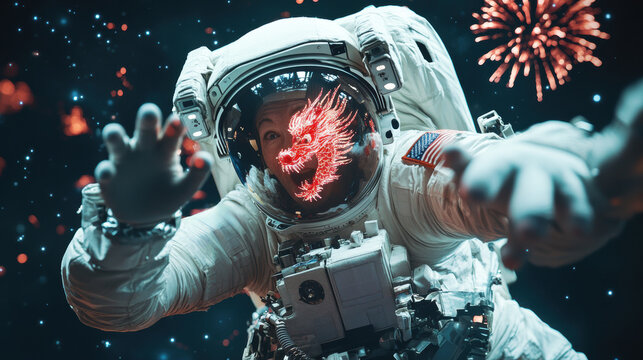 Astronauts celebrating New Year in space with holographic Chinese dragon flying through stars, fireworks lighting up black void of space.