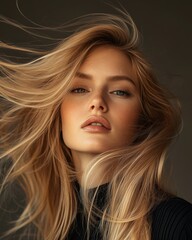 Fototapeta premium Glamorous Portrait of Woman with Flowing Blonde Hair in Motion