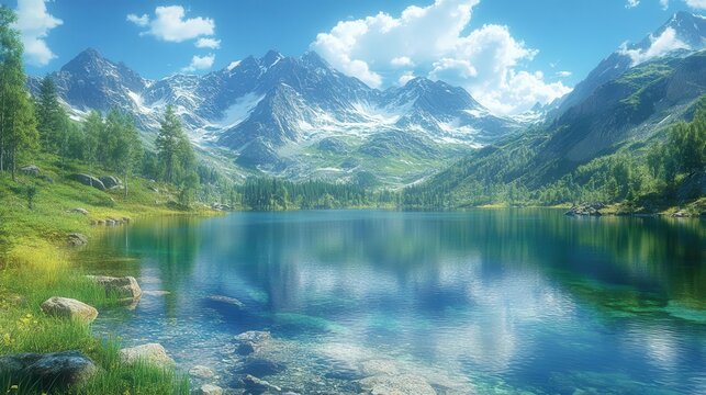 high mountain lake reflecting the surrounding landscape in its clear calm waters this serene scene captures the beauty of nature inviting tranquility and introspection
