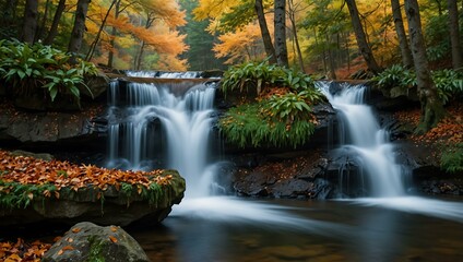 Autumn waterfall in a serene forest.