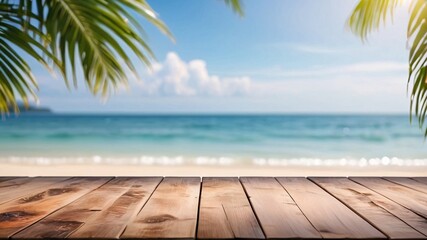 Wooden Tabletop With Blurred Summer Beach Background.