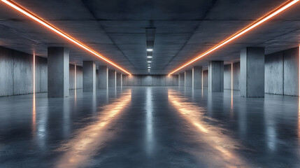 Fototapeta premium Concrete Corridor with Orange Neon Lights 3D Illustration