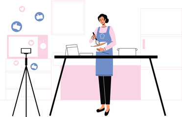 A content creator streaming a cooking show live, interacting with followers and comments.