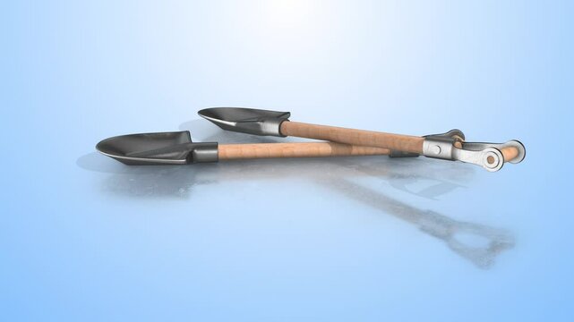 3D Shovels on a Blue Reflective Floor. Construction Shovels Animation. 4K