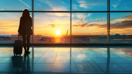 Silhouette of a man walking in the airport as the plane takes off during sunset