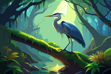Obraz premium In a mystical forest, a Great Blue Heron stands on a moss-covered branch, bathed in soft light, symbolizing the harmonious coexistence of wildlife and nature.