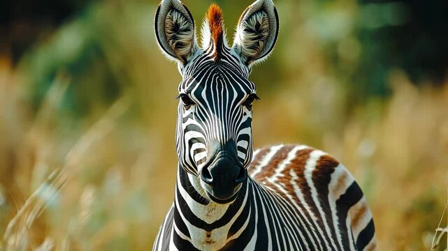 A zebra stands in a field of tall grass, looking directly at the camera