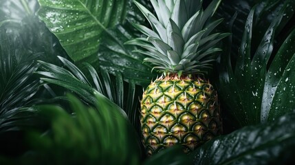 Fototapeta premium A detailed image of a ripe pineapple nestled among vibrant tropical leaves, with sunlight filtering through, showcasing the freshness and vitality of the tropical environment.