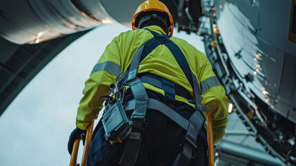 Fototapeta premium maintenance engineer in bright yellow safety jacket and helmet is working on machinery, showcasing focus on safety and precision in industrial environment