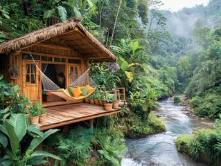 Serene scene of eco-friendly bamboo lodge with hammock near a natural stream in tropical forest surrounded by green plants, ecotourism concept. Generative AI
