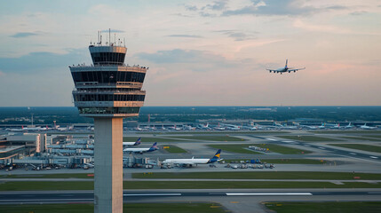 Air Traffic Control Tower Overseeing Runway Operations