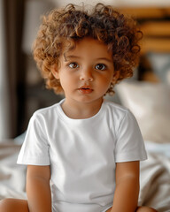 Biracial gender neutral child wearing solid white crewneck t-shirt for mockup in a bedroom setting, Brown Skin