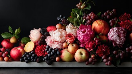 A beautifully curated arrangement of various fresh fruits and flowers on a marble surface, highlighting the elegance and richness of natural produce alongside decorative florals.