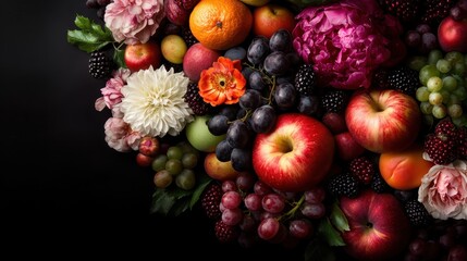 A colorful collection of various fresh fruits, including apples, oranges, grapes, alongside vibrant flowers, creating a visually appealing representation of nature's bounty.