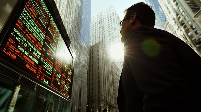 Businessman looking at the stock market ticker in new york city