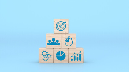 Pyramid of wooden blocks with business icons on a blue background. 3D rendering