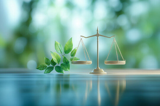 ESG scales of justice with green leaves symbolizing balance