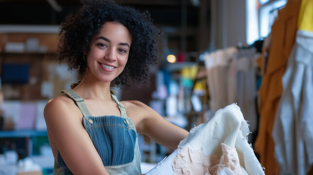 Fashion designer creating clothing from repurposed fabric