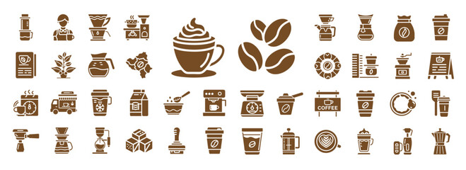  coffee drinks set glyphs,coffee lovers collection, pour filter brew drip