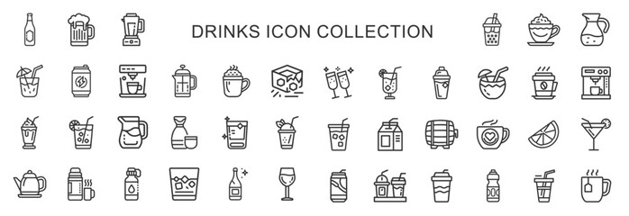 drink outline icons, champagne coffee water