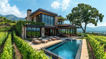 luxurious villa nestled in the lush greenery of napa valley california exuding elegance with its modern architecture surrounded by rolling vineyards and a serene landscape under a clear blue sky
