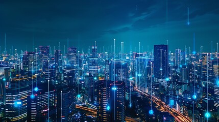 Vibrant cityscape at night with neon lights and digital network connections.