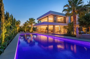 Fototapeta premium A large pool with purple LED lights illuminating the water at night, surrounded by modern architecture and palm trees in an outdoor area of a luxurious home. 