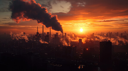 Obraz premium sprawling industrial city skyline at sunset, with smoke billowing from chimneys against vibrant orange sky. scene captures contrast between urban development and natures beauty