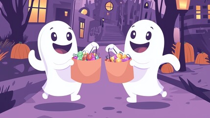 Friendly Cartoon Ghosts Trick-or-Treating with Halloween Candy Bags. Smiling Spirits Enjoying a Fun Halloween Night, Collecting Sweets in a Cheerful Purple-Themed Setting. 