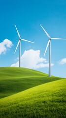 Fototapeta premium Wind Turbines on Green Hills Under Blue Sky