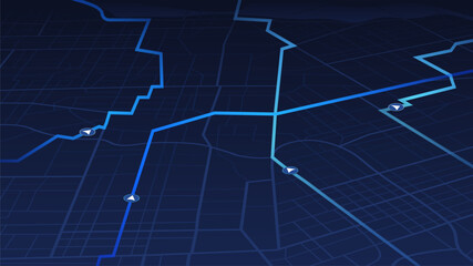 GPS navigation to pins and multiple markers on route. City map featuring directional signs, an intended goal point. Abstract plan highlights POI city streets. Vector illustration with designated route