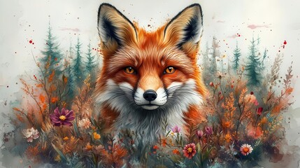 majestic fox portrait adorned with intricate floral tattoos swirling through its fur set against an ethereal forest backdrop bursting with vibrant watercolor splashes