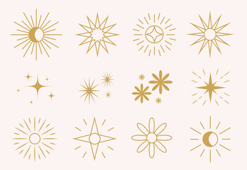 Golden mystical magic sunburst and sparkles stars. Shine outline sun symbol. Decoration twinkle, shiny flash. Design elements for logos