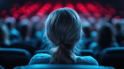 Obraz premium A rear view of a person sitting in an audience watching a show, with the stage lights glowing red, capturing the essence of a captivating performance and audience engagement.