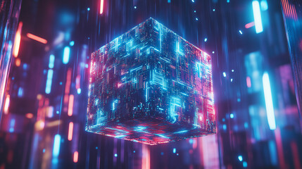 Glowing Digital Block Floating in a Futuristic Cyberpunk Environment