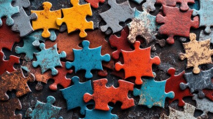 A detailed image capturing colorful puzzle pieces overlapping each other in a chaotic manner, symbolizing complexity, disorder, and the challenges of finding the right fit.