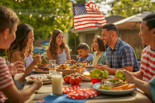 Hispanic family and friends enjoy a backyard summer barbecue grill cookout dinner party on 4th of July - Powered by Adobe