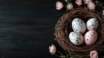 Obraz premium Four speckled eggs in a brown nest surrounded by soft-pink flowers placed on a dark wooden surface, creating a rustic and serene aesthetic.