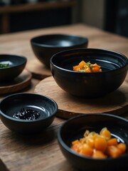 Black ceramic dishes with squid ink soup, art gallery.