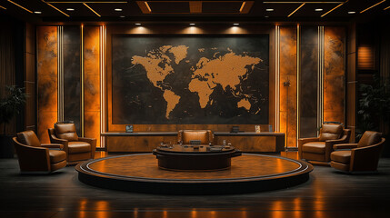 A stylish television news studio features a prominent world map on the wall, decorated by elegant furniture creates an inviting atmosphere for informative discussions and live broadcasts.