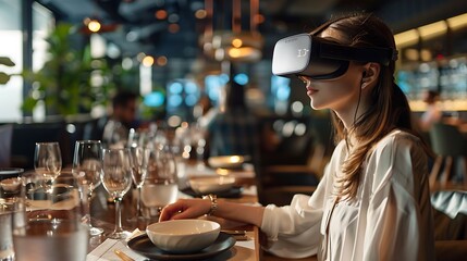 Woman wearing virtual reality headset sitting at restaurant table with gaze to the side for illustrating immersive experience digital interaction and modern virtual engagement concept.
