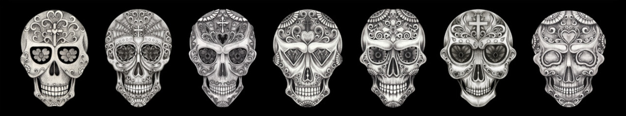 Sugar skull art banner pattern for day of the dead hand drawing set two.