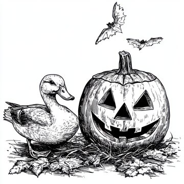 recommend clip art: Black and white Vintage engraved art of a duck waddling past a Jack o' lantern, isolated on white background, ink sketch illustration, simple vector art design, highly detailed line art, 