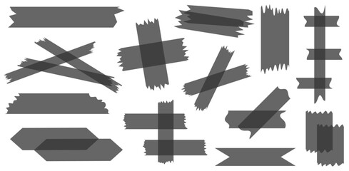 Set of black semi-transparent washi tapes isolated on white. Tapes collection in vector. Pieces of decorative tape for scrapbooks. Torn paper	