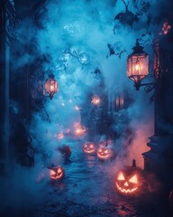 Obraz premium Mysterious Halloween Night with Lanterns and Pumpkins