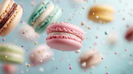 A vibrant and whimsical image of colorful French macarons in pastel shades, floating gracefully amidst a flurry of confetti sprinkles against a light blue background.