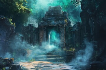 Obraz premium Ancient Stone Gateway to a Mysterious Foggy Realm