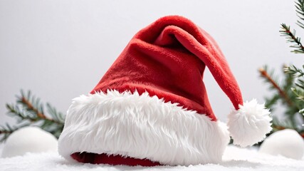 Red and white Santa hat on a snowy surface with pine branches.