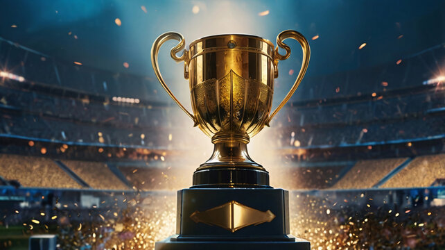 trophy in the center of a stadium, moment of winning the match, moment after winning, 1st position, cricket ground, stadium in night